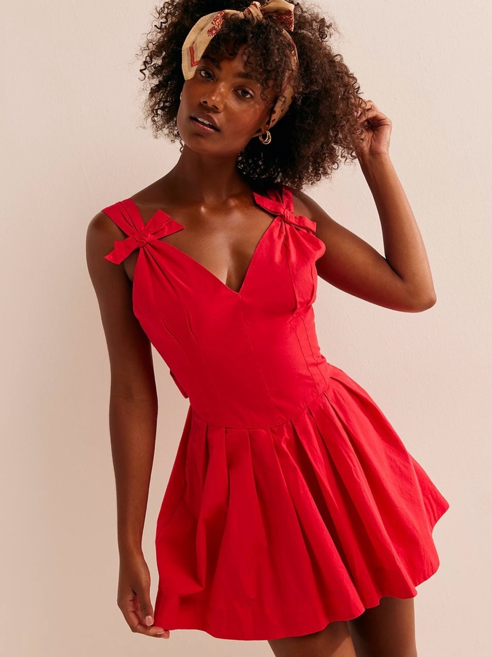 Free People Lennon Red Bow Strap Fit & Flare Mini Dress Cotton NWT Women's Small